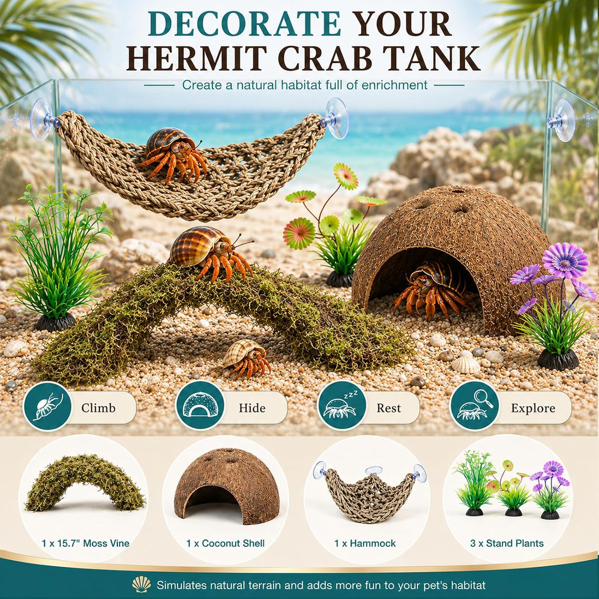 HERCCOCCI Hermit Crab Accessories, 6Pcs Hermit Crab Toys Coconut Shell Hut Climbing Hammock Artificial Plants for Hermit Crabs - Image 9