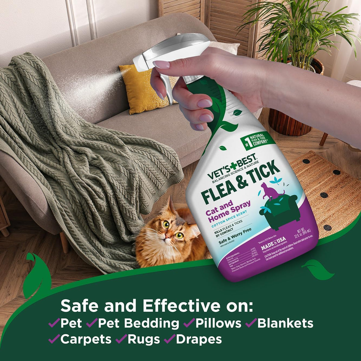 Close up of Vet's Best 32 Fluid Ounce flea mist bottle nozzle and safety directions.
