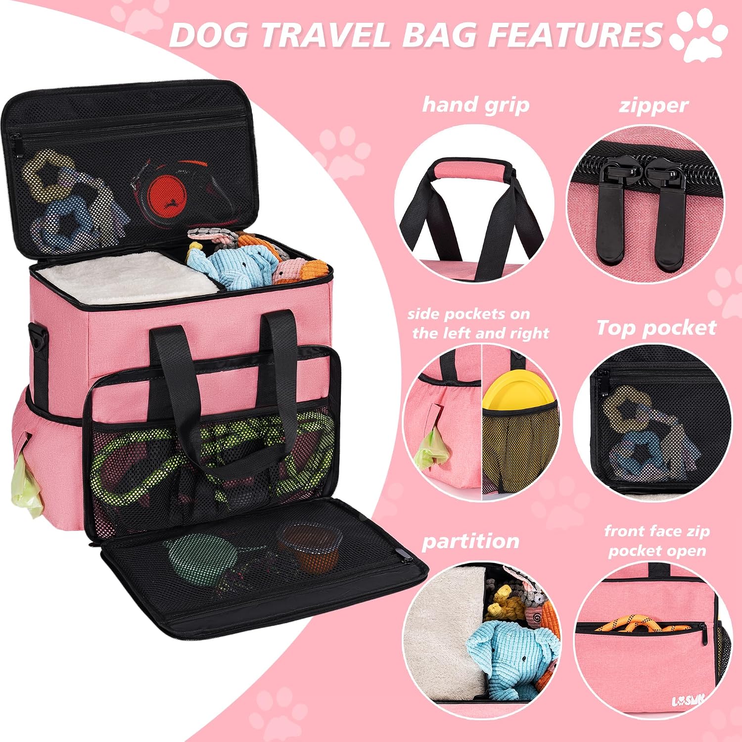 LASUK pink dog diaper bag pack with silicone travel bowls