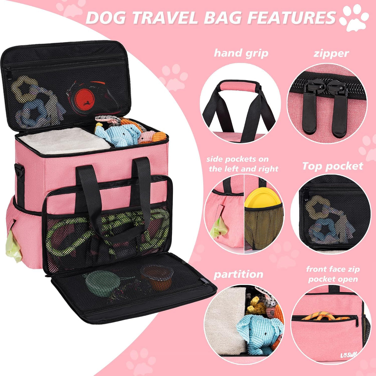 LASUK pink dog diaper bag pack with silicone travel bowls