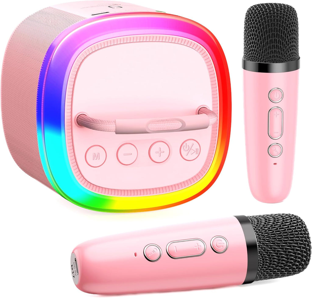 HWWR kids karaoke machine front view showing beige portable speaker and two wireless microphones