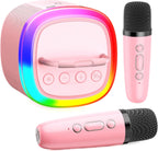 HWWR kids karaoke machine front view showing beige portable speaker and two wireless microphones