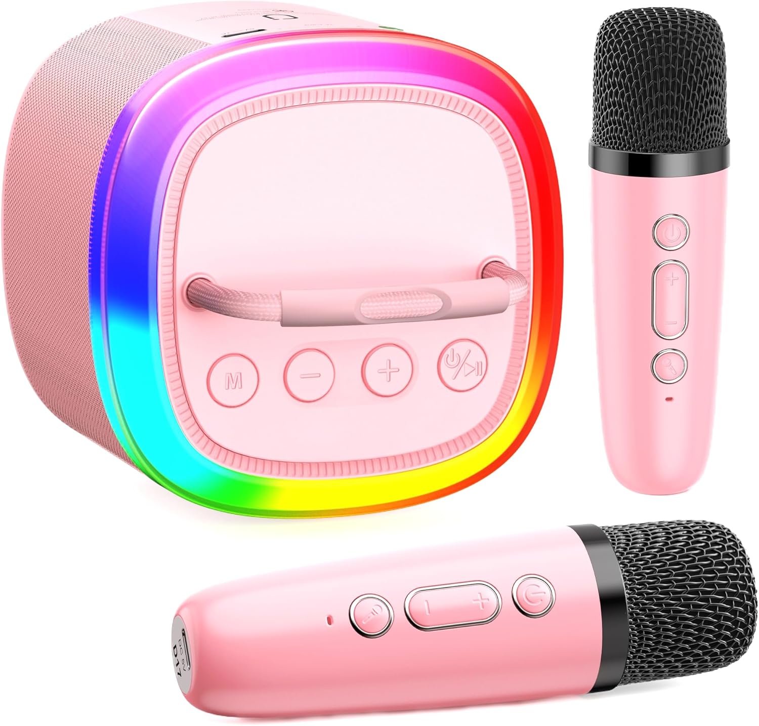 HWWR kids karaoke machine front view showing beige portable speaker and two wireless microphones