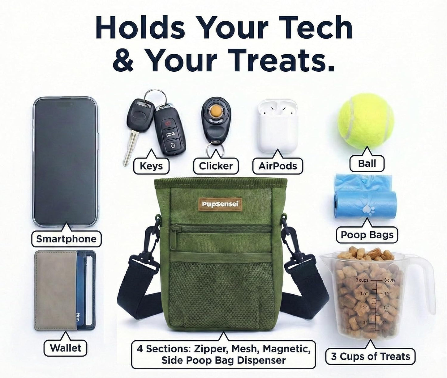 PupSensei hands free carry pouch showcasing built-in poop bag dispenser