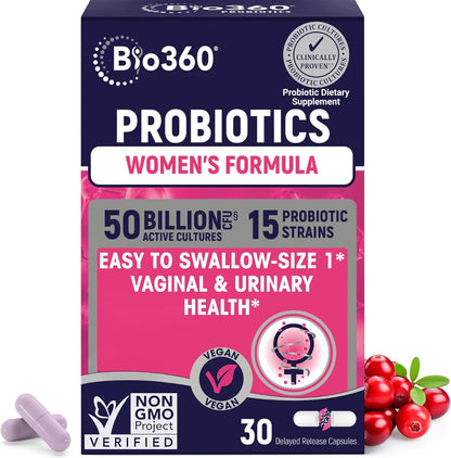 Bio360 Probiotics for Women 30 capsules front view for vaginal health.