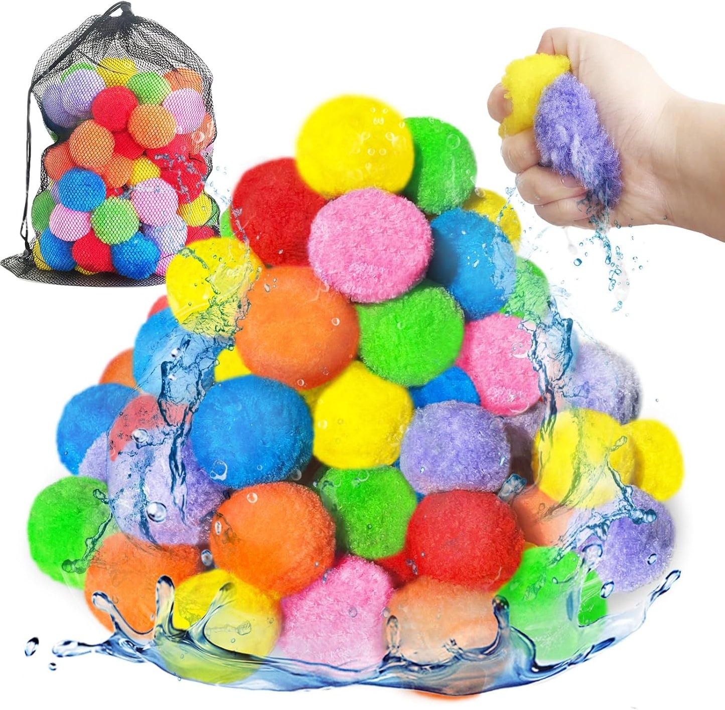 Jnnzzggu reusable water balls one hundred count set showing vibrant multi-colored sponge balloons for outdoor games.