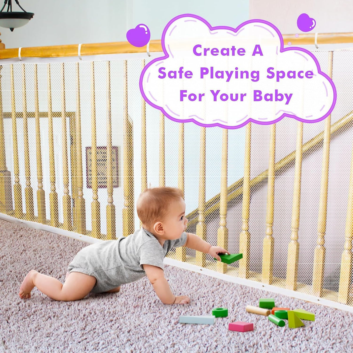 tupi Banister Guard for Baby and Pets - 300cm Extra Long Balcony Netting, Heavy Duty Stair Railing Cover, Child Safety Mesh for Kids and Toddlers, No Drill Barrier with 41 Zip Ties - Image 4