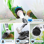 AQQA IPX9 waterproof electric scrubber brush head cleaning stubborn algae inside a glass aquarium underwater.