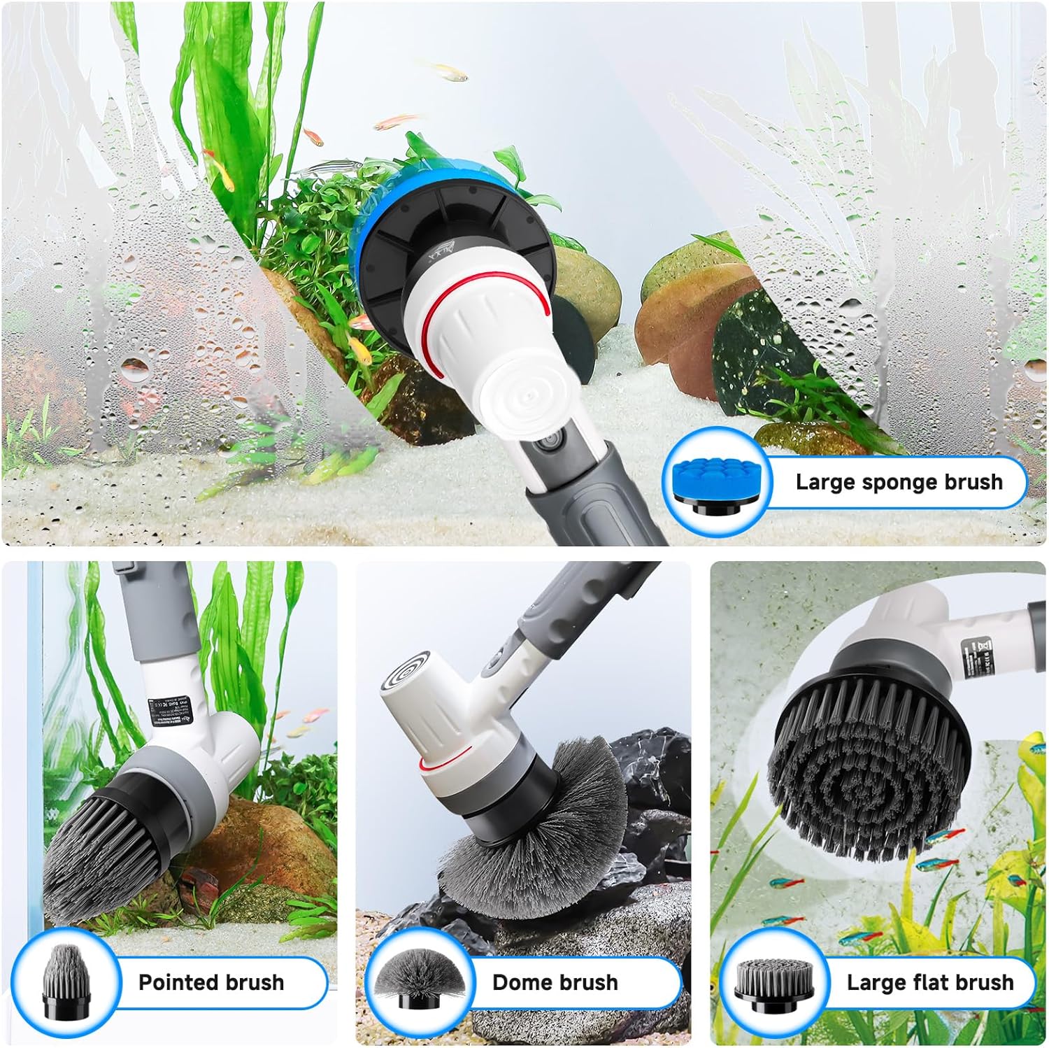 AQQA IPX9 waterproof electric scrubber brush head cleaning stubborn algae inside a glass aquarium underwater.