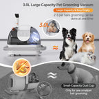 Five in one pet grooming tools spread out next to the SpeedBoost vacuum cleaner.