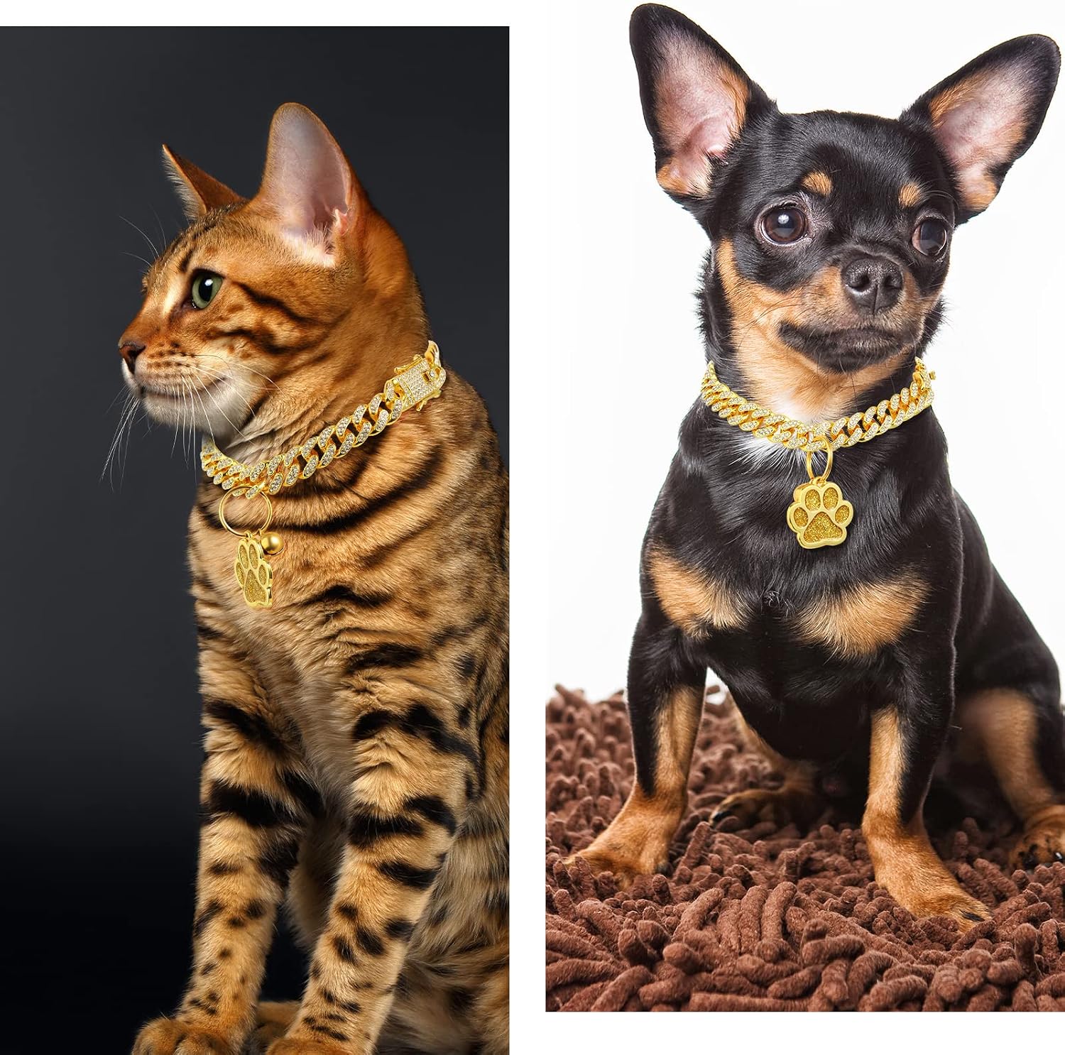 Hillban glitter cat necklace showing the included paw charm and identification tag setup.