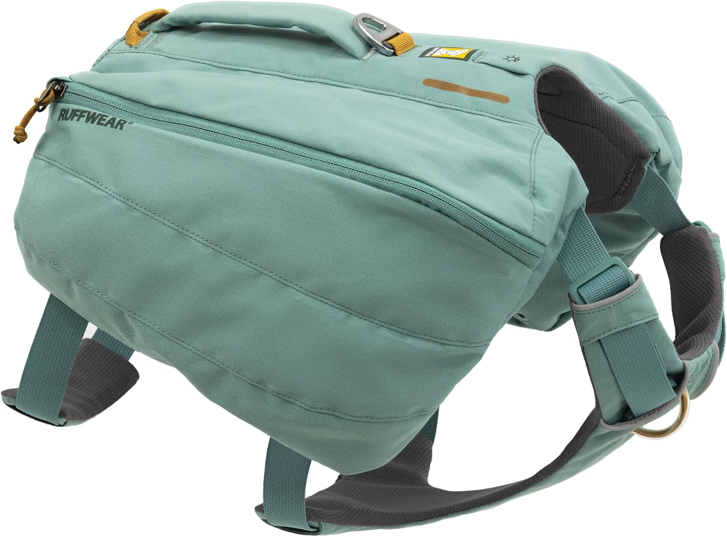 Ruffwear Front Range Dog Day Pack in River Rock Green viewed from the front on a hiking trail.