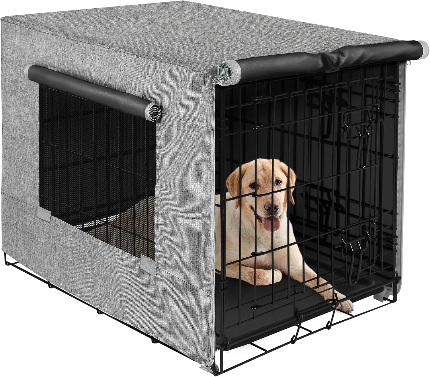 Akinerri Dog Crate Cover with Mesh Window, Double Door Waterproof Pet Kennel Cover, Durable 600D Polyester Protective Cage Cover for 42 Inch Dog Crate - Beige - Image 15