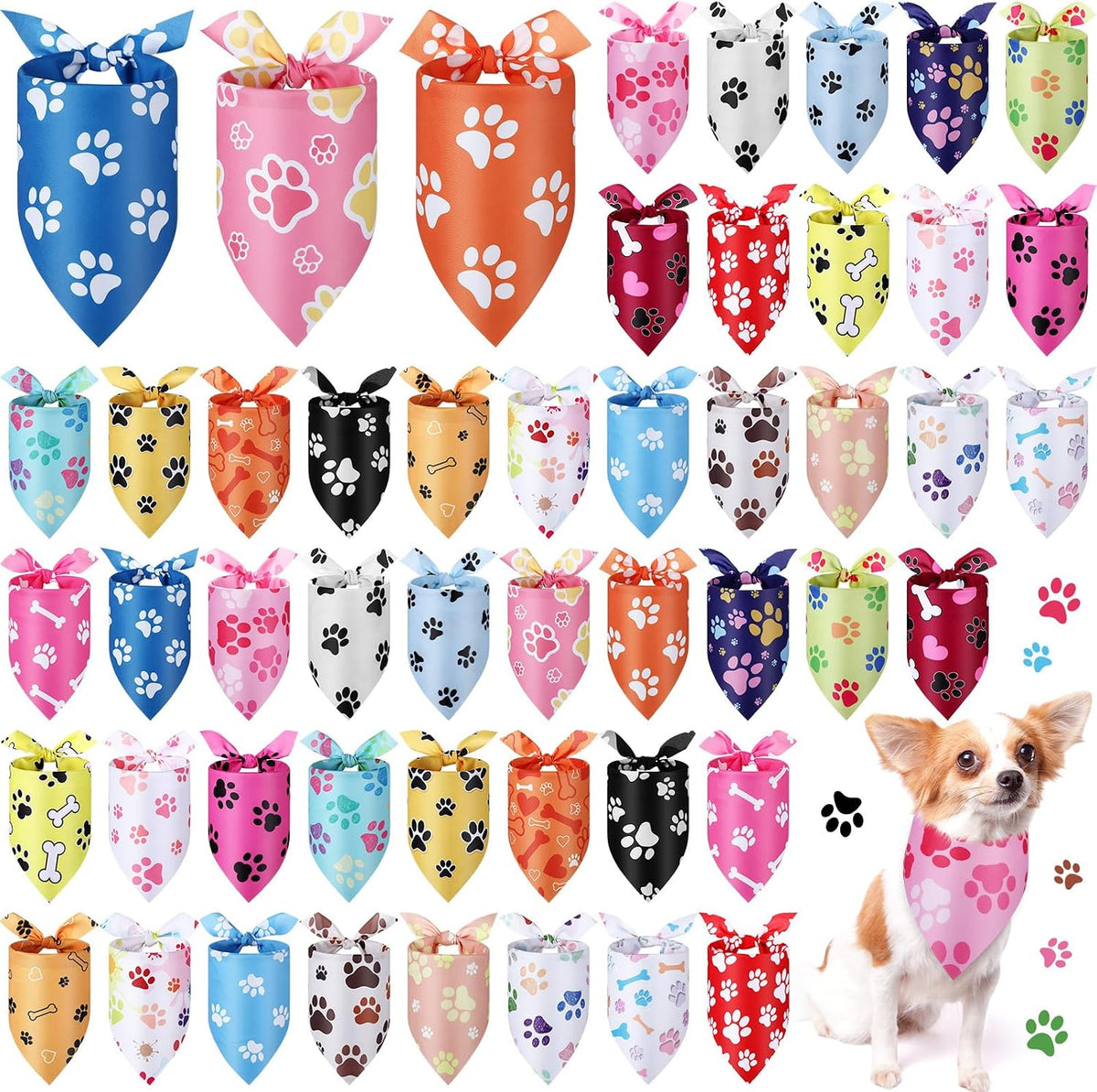 Abbylike bulk dog paw print bandanas front view showing multiple colors