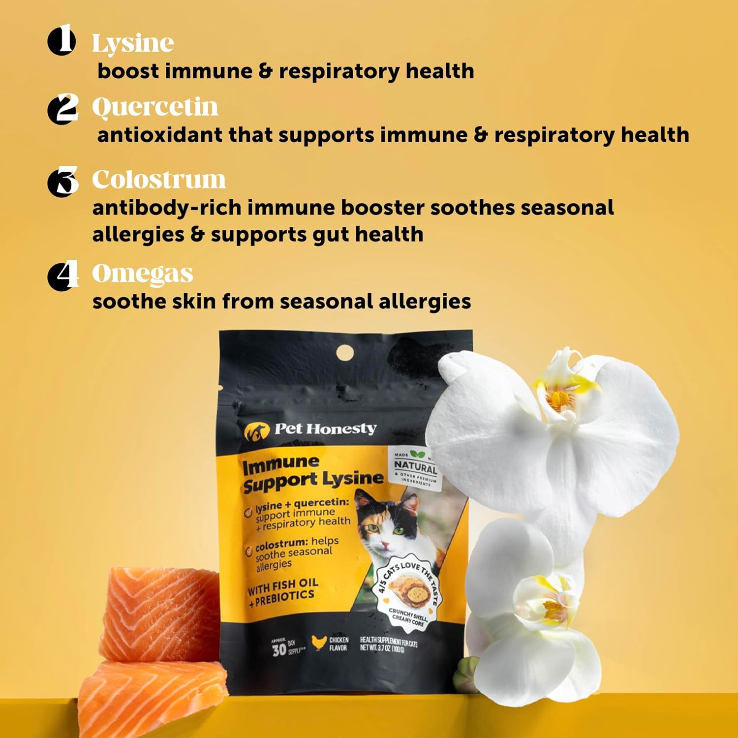 Chicken flavored crunchy creamy cat immunity treats for sneezing and runny nose relief.