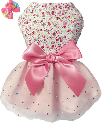 YSTAR small breed dog holiday dress laid flat demonstrating the sleeveless design and mesh tutu layers
