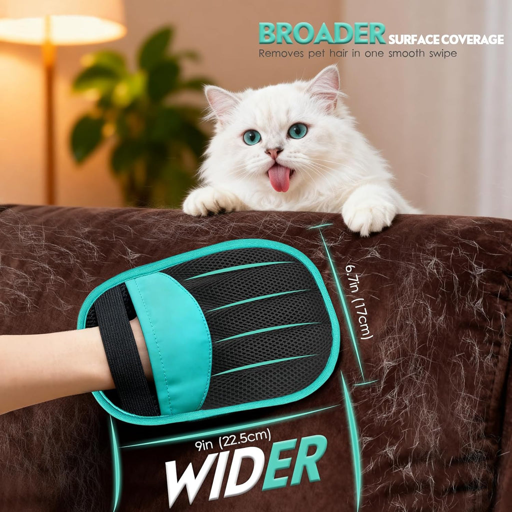 Electrostatic pet hair remover mitt removing cat fur from couch