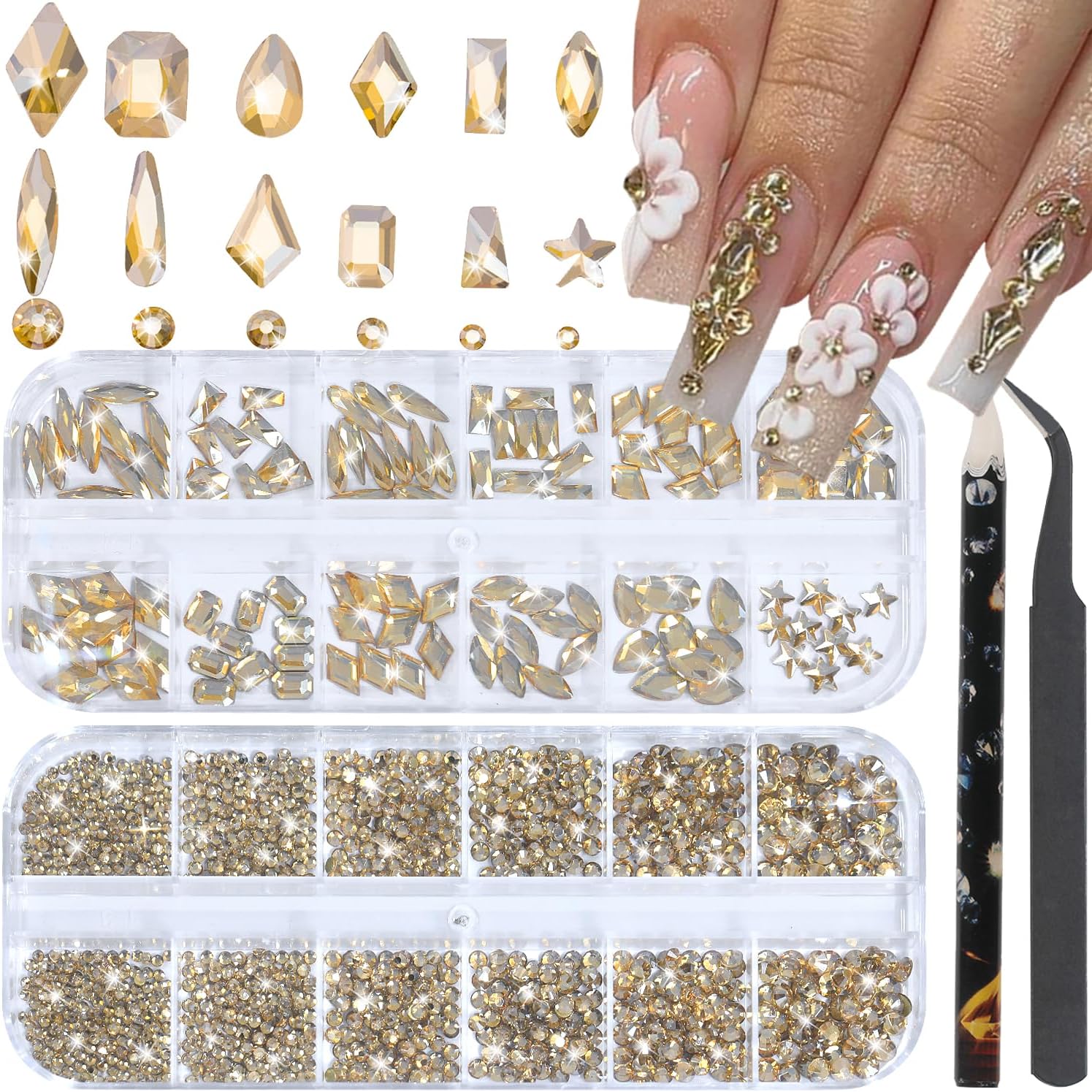 Hnuix champagne gold nail rhinestones set in 12-grid storage box.