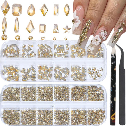 Hnuix champagne gold nail rhinestones set in 12-grid storage box.
