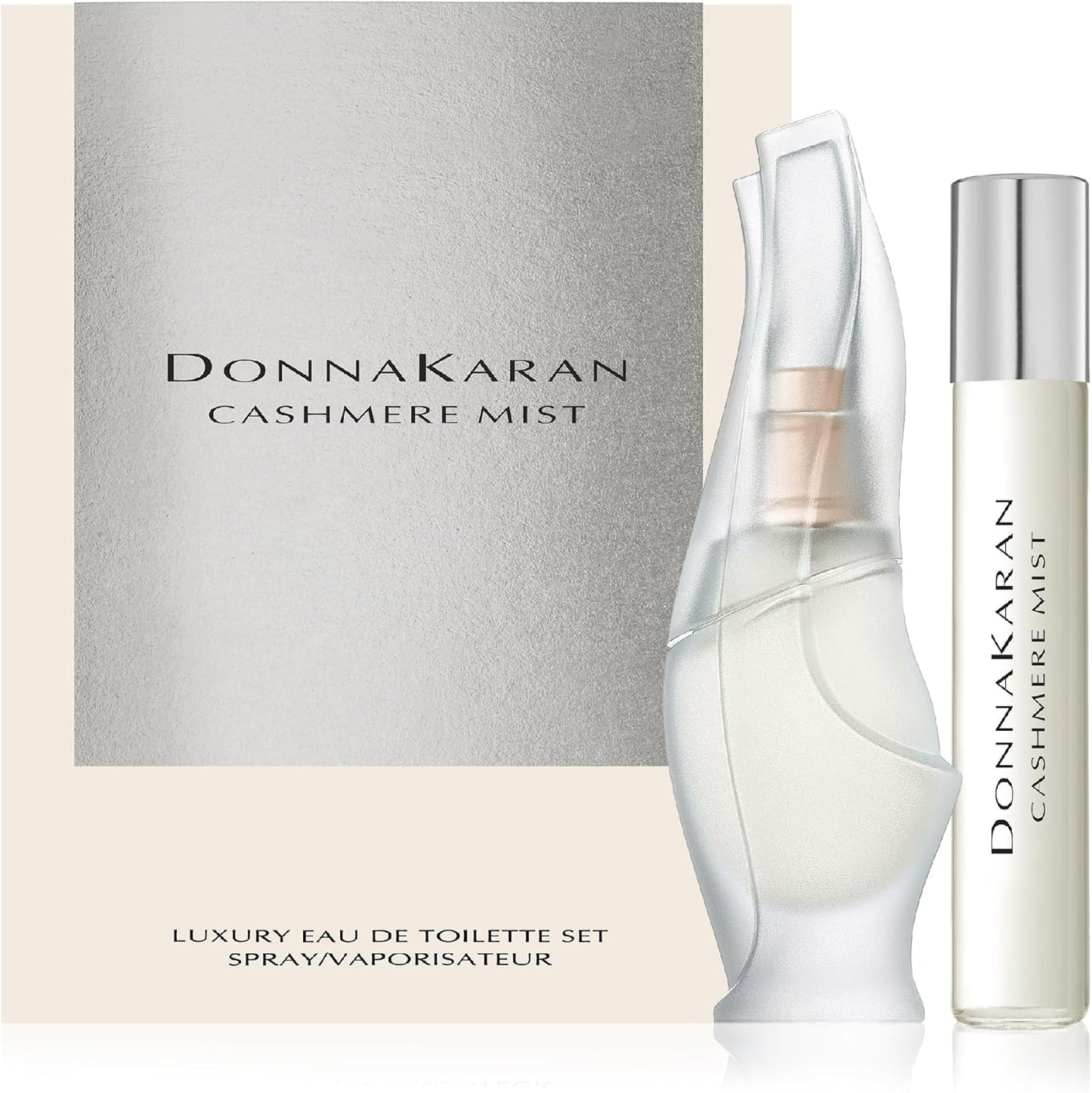 Donna Karan Cashmere Mist Luxury Eau de Toilette Set front view showing mini spray and purse spray boxes.