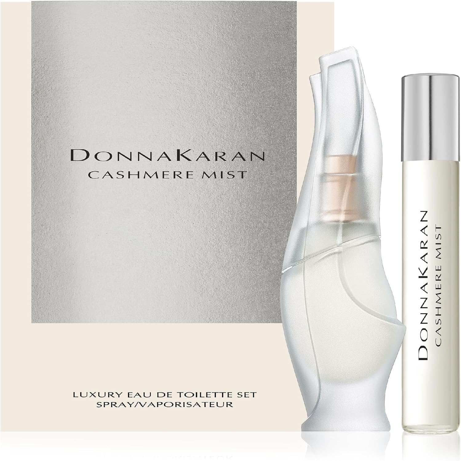 Donna Karan Cashmere Mist Luxury Eau de Toilette Set front view showing mini spray and purse spray boxes.
