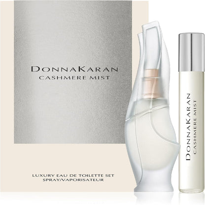 Donna Karan Cashmere Mist Luxury Eau de Toilette Set front view showing mini spray and purse spray boxes.