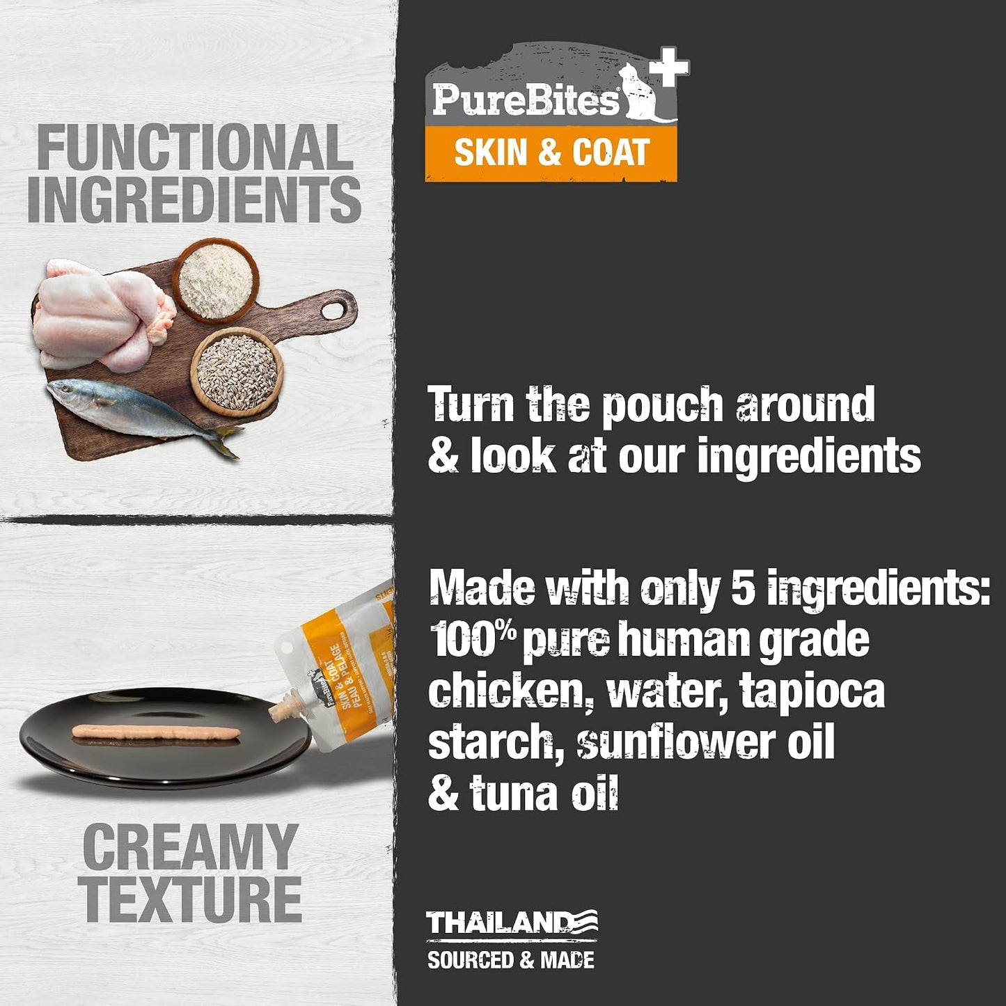 PureBites cat treat pouch showing 5 ingredient list