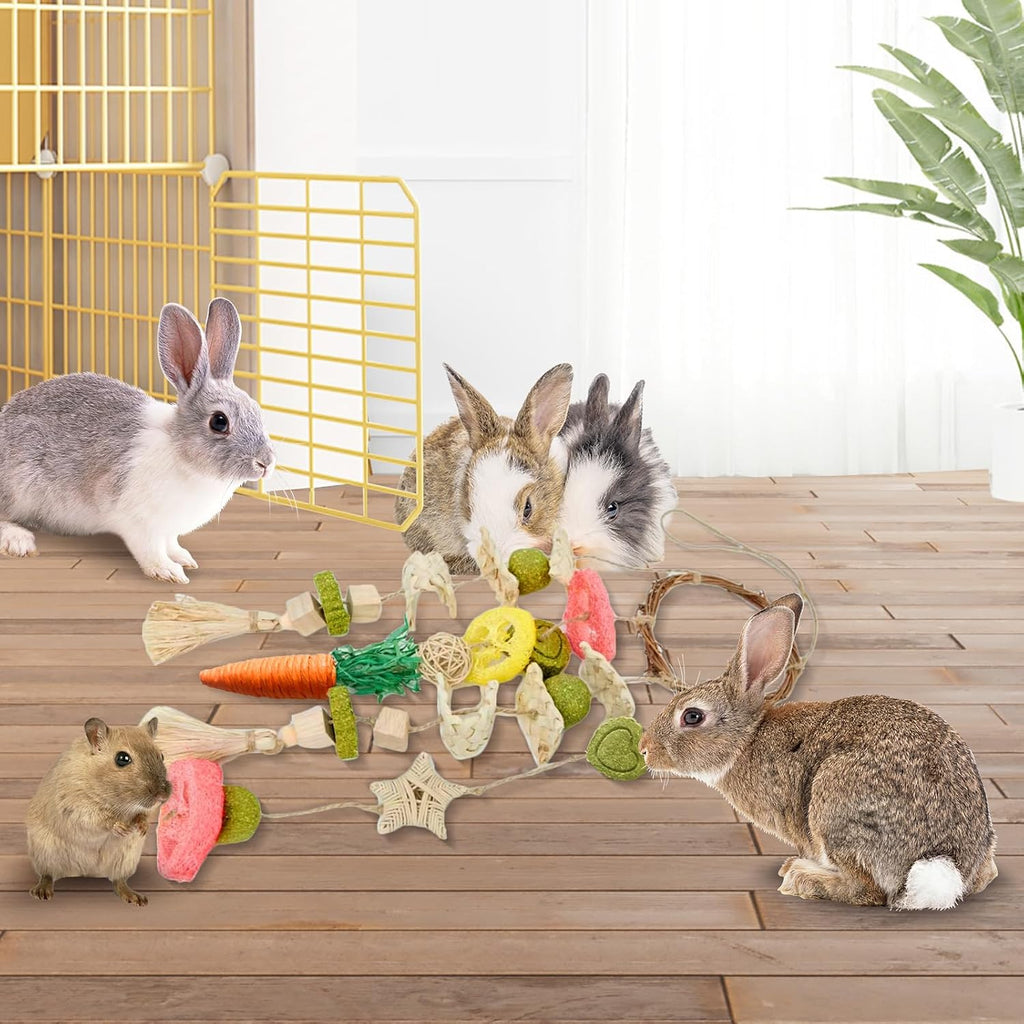 Natural grass and wood hanging treat toy for rabbits