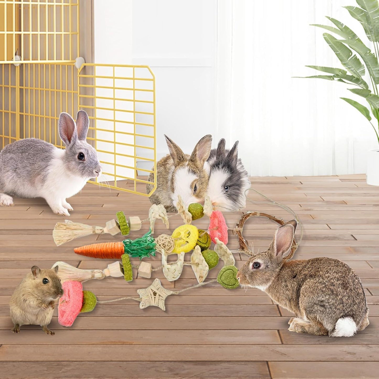Natural grass and wood hanging treat toy for rabbits