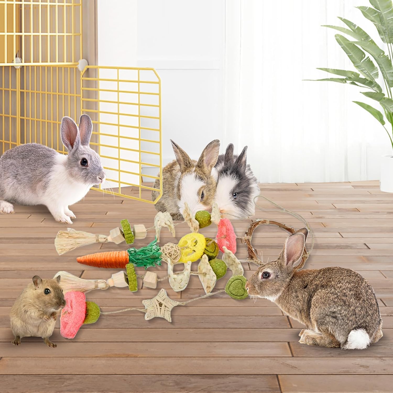 Natural grass and wood hanging treat toy for rabbits