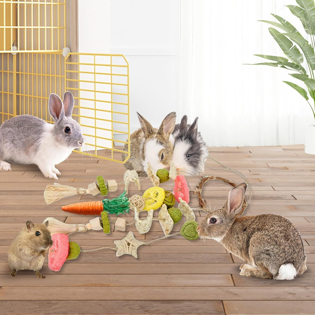 Natural grass and wood hanging treat toy for rabbits