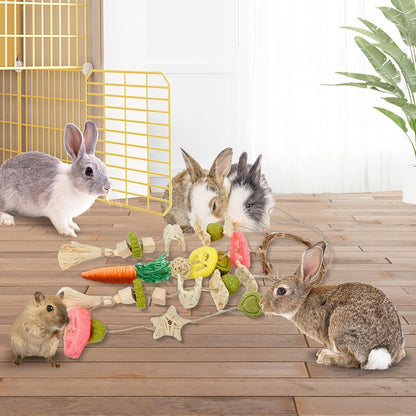 Natural grass and wood hanging treat toy for rabbits