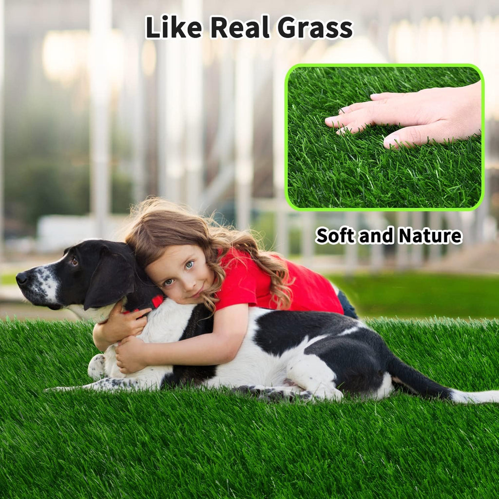 Dog using indoor artificial grass potty pad in apartment