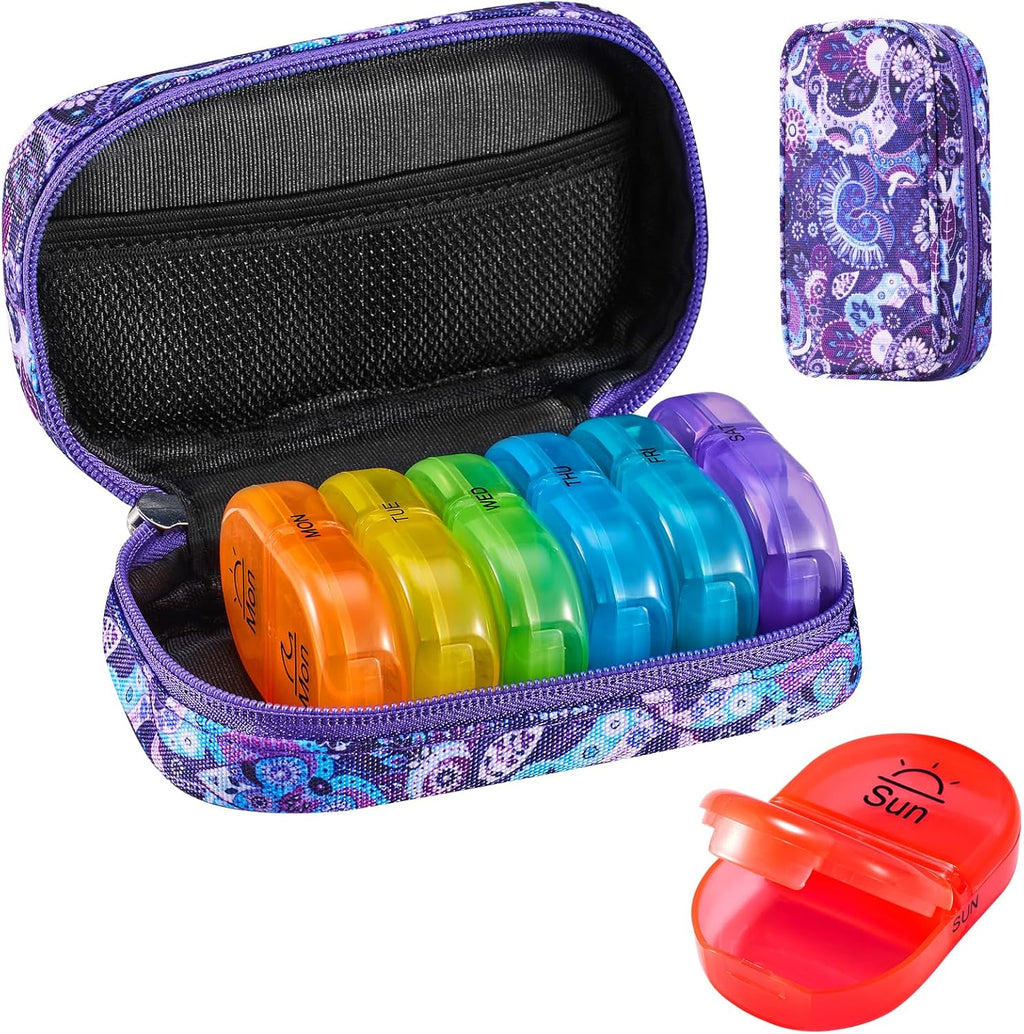 Serfeymi weekly travel pill organizer front view showcasing the purple zippered canvas case.
