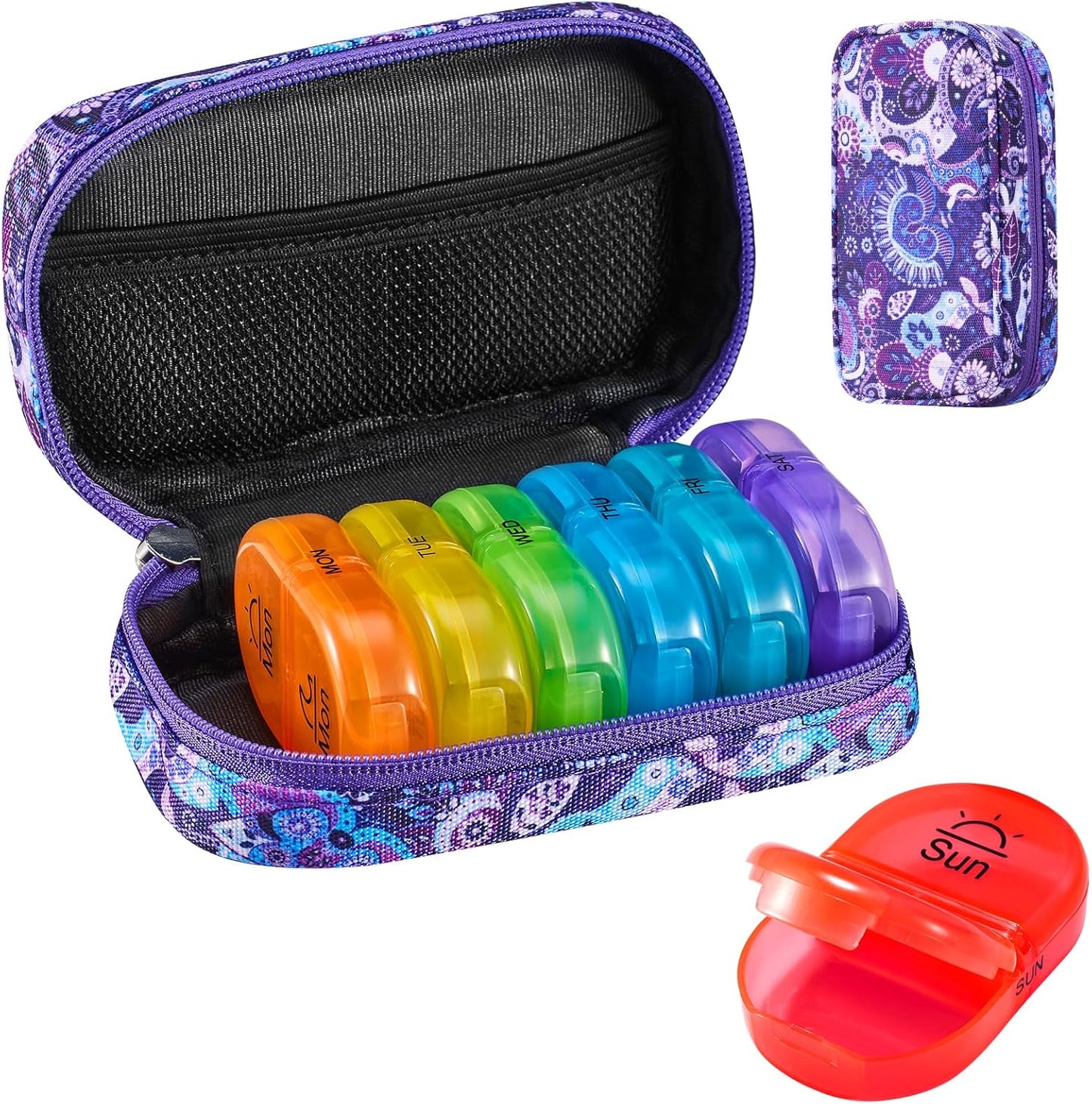 Serfeymi weekly travel pill organizer front view showcasing the purple zippered canvas case.
