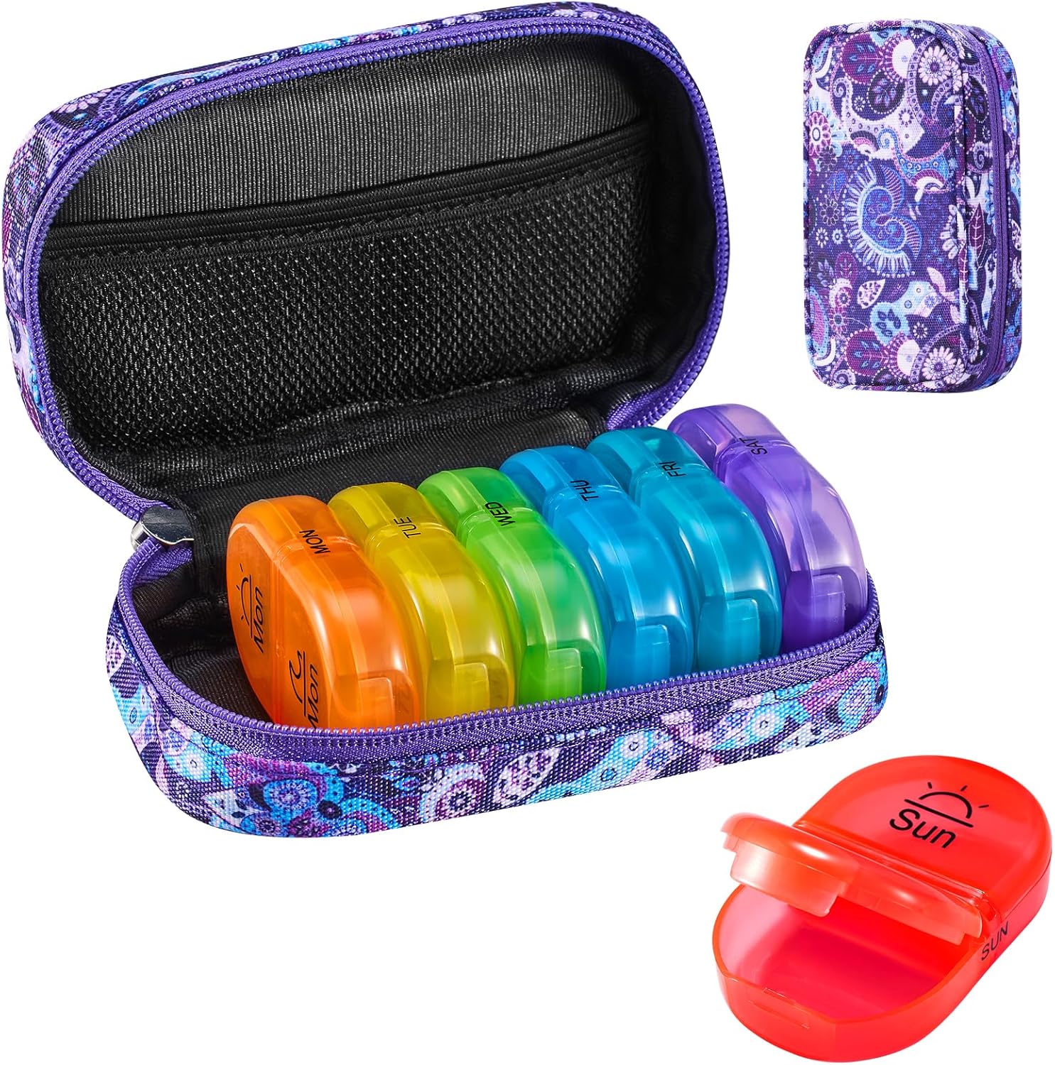 Serfeymi weekly travel pill organizer front view showcasing the purple zippered canvas case.