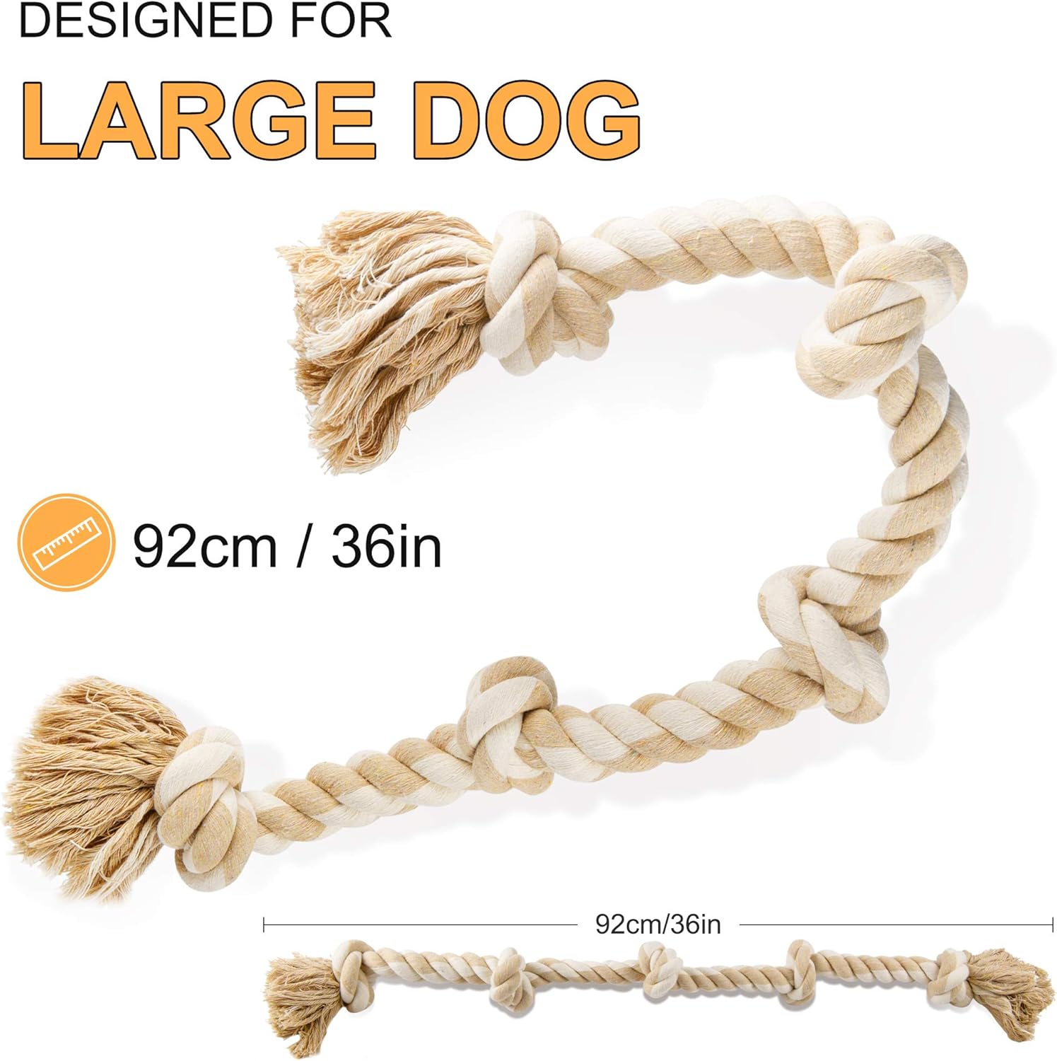 Washable heavy duty pet play rope showing its natural undyed cotton material.