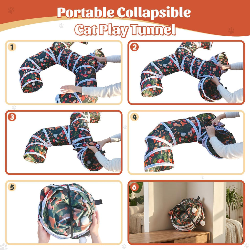 Playful puppy entering the multi way interactive pet tunnel in a living room.