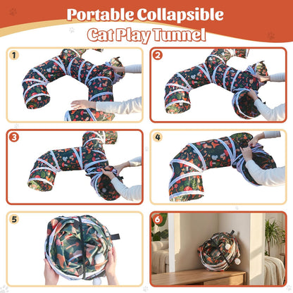 Playful puppy entering the multi way interactive pet tunnel in a living room.