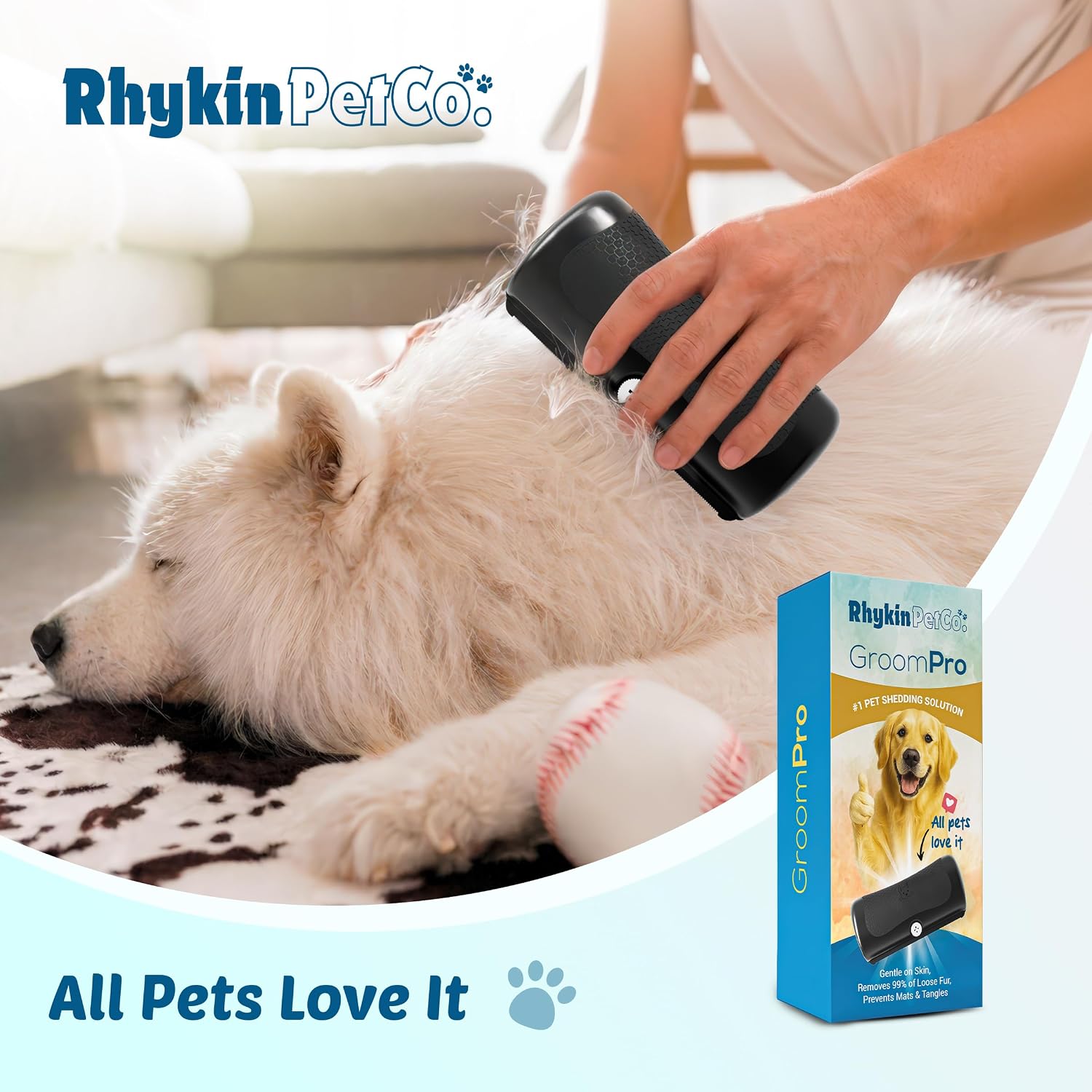 Rhykin Pet Co. GroomPro pet undercoat removal tool being used on a dog to collect loose fur safely.