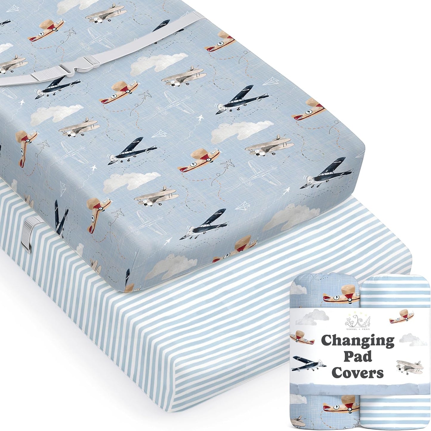 Sorrel + Fern baby changing pad cover front view showing watercolor airplanes pattern
