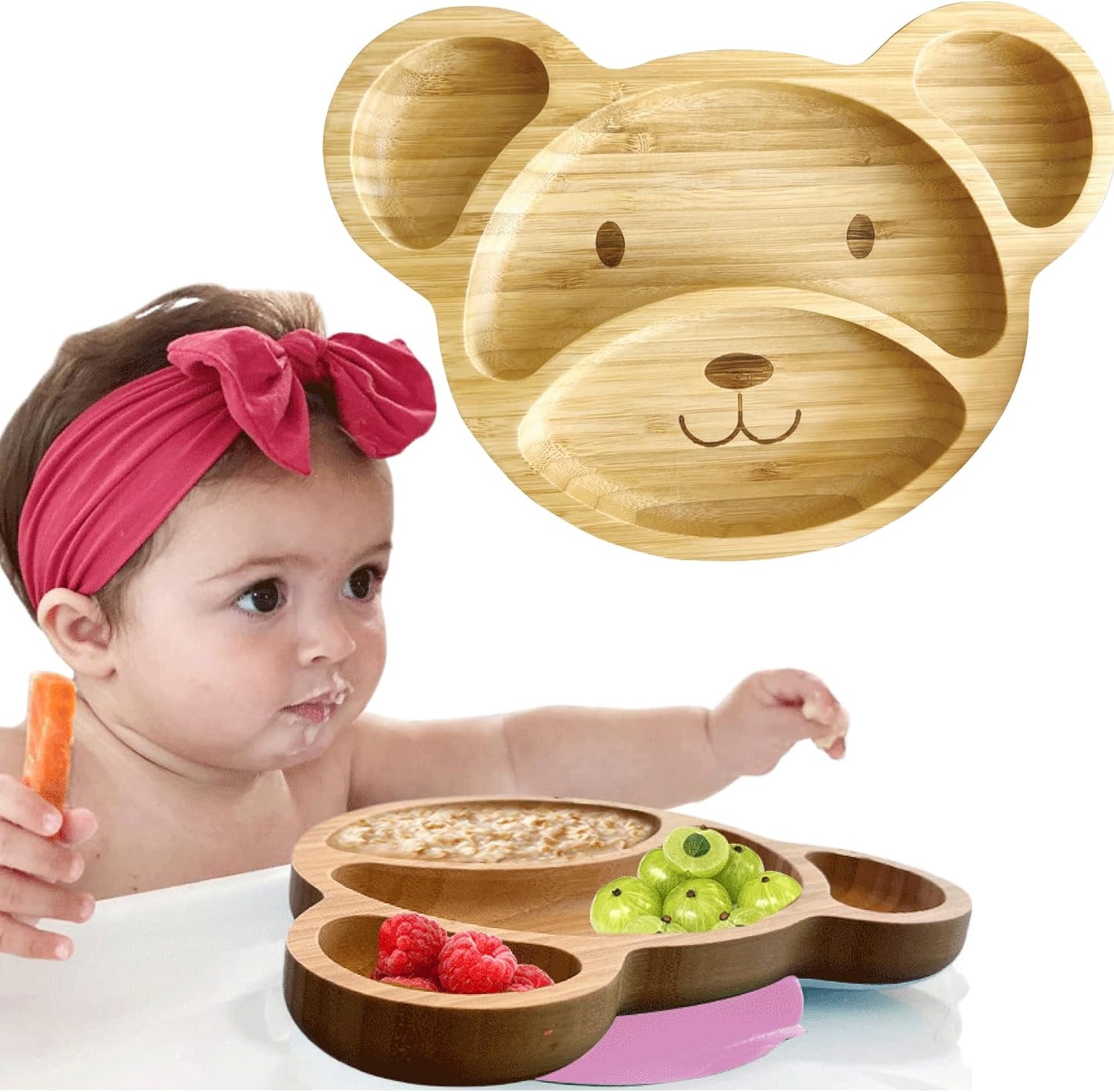 Linda's Essentials bamboo baby plate pink bear design front view