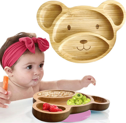 Linda's Essentials bamboo baby plate pink bear design front view