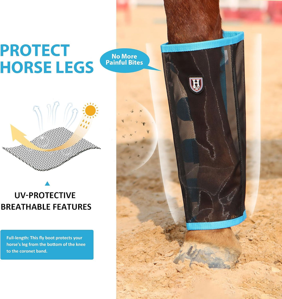 Close up view of the breathable fine mesh and durable stitching on the horse leg guards.