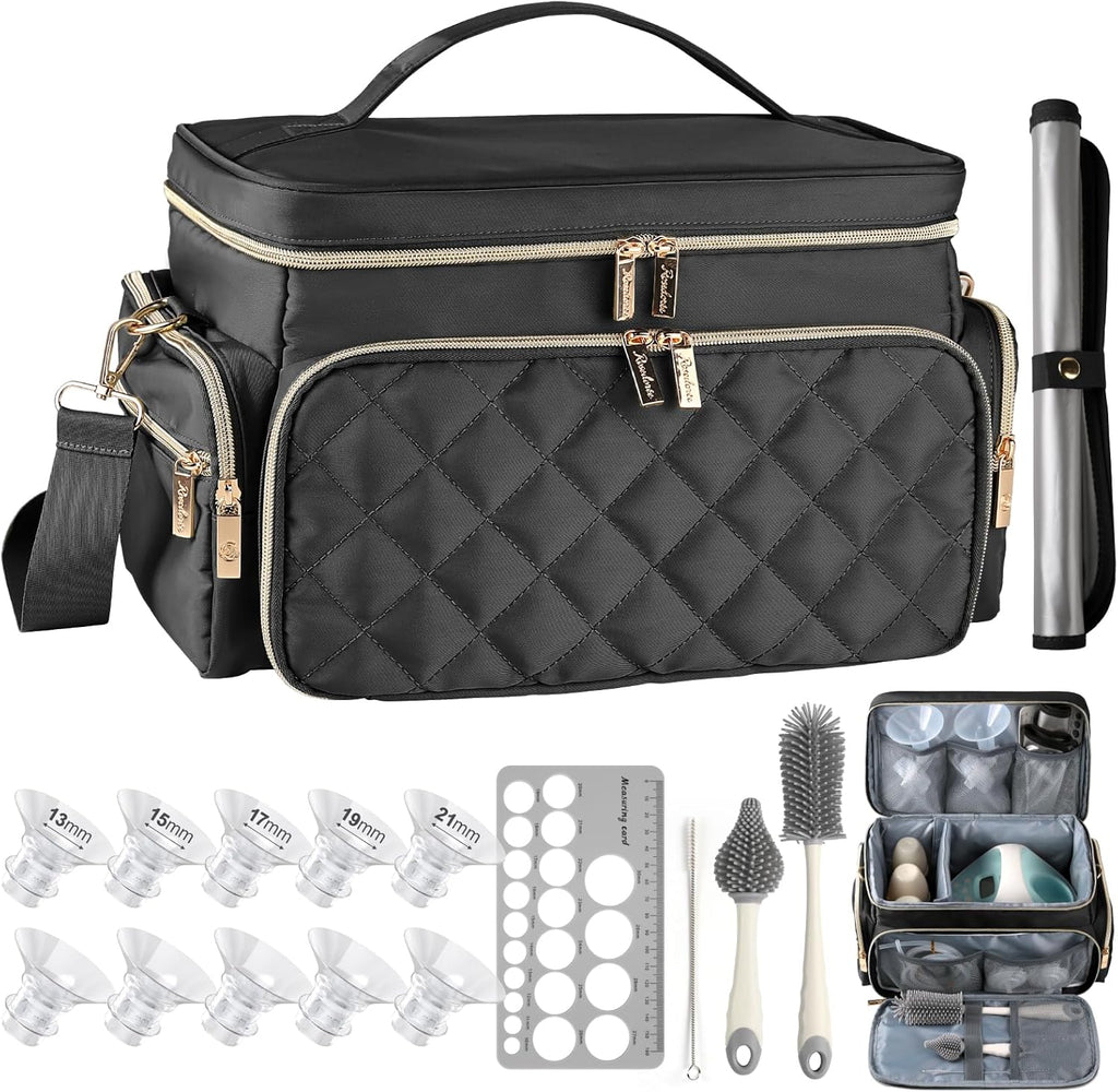 RoseDorée Breast Pump Bag Kit front view showing quilted black exterior and gold zippers