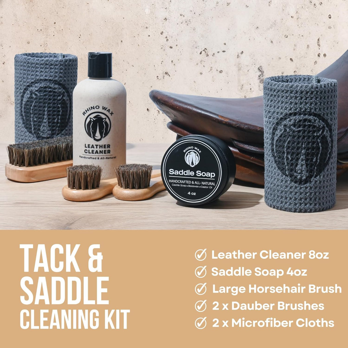 Natural saddle soap tin and leather cleaner bottle with horsehair brushes