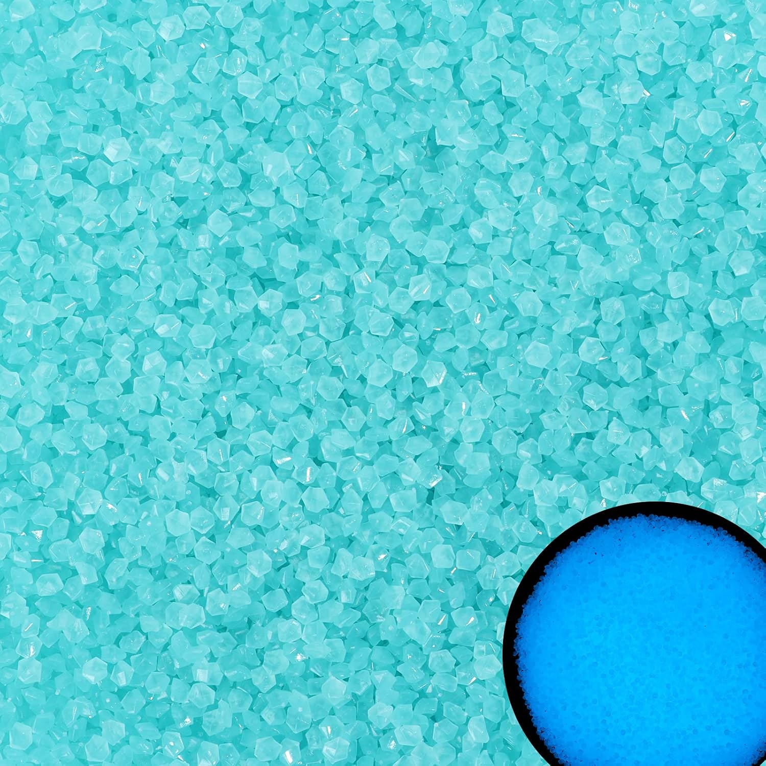 Meccanixity blue glow stones front view in a decorative glass vase