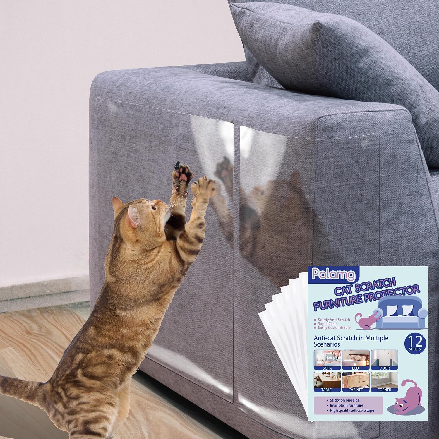 Anti-Cat Scratch Furniture Protector-12-Pack -Single-Sided, Heavy-Duty Self-Adhesive Tape, No-Residue for Couch, Doors & Walls - with 52 Twist Pins - Image 10