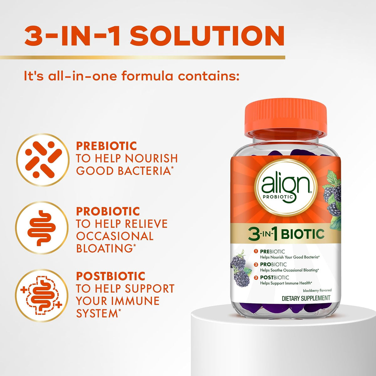 Align Probiotic 3-In-1 Biotic Gummies nutrition and ingredient panel