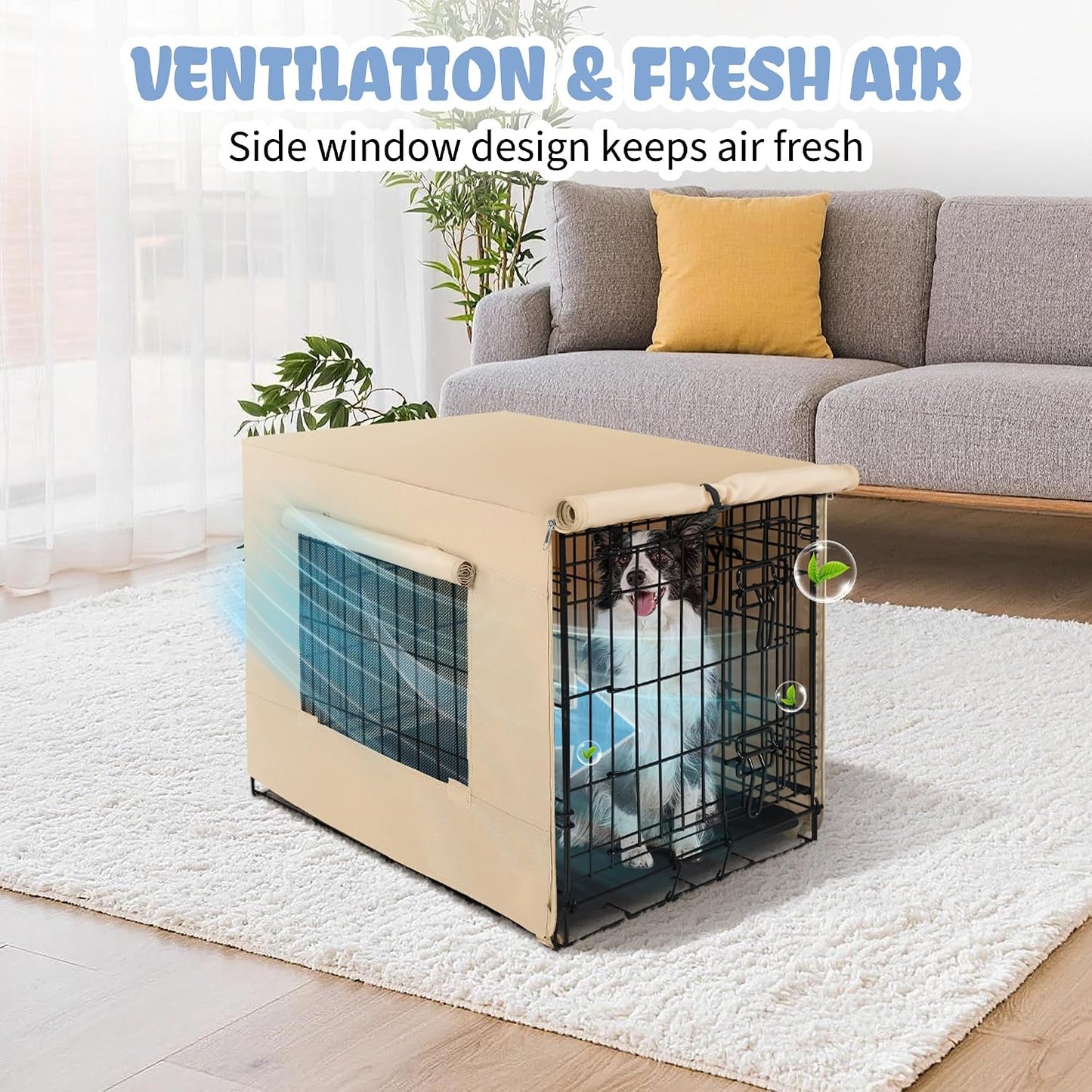 Side view of Akinerri beige pet cage cover emphasizing the durable mesh ventilation window.